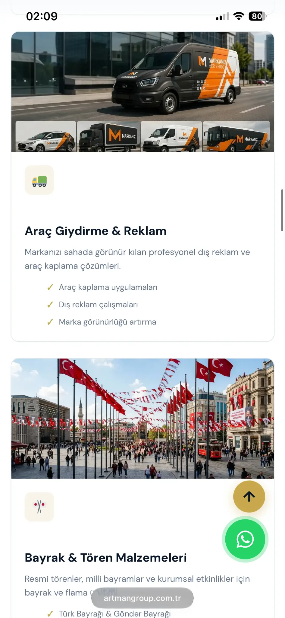 Artman Group mobile homepage presenting the corporate offer, primary actions and proof points