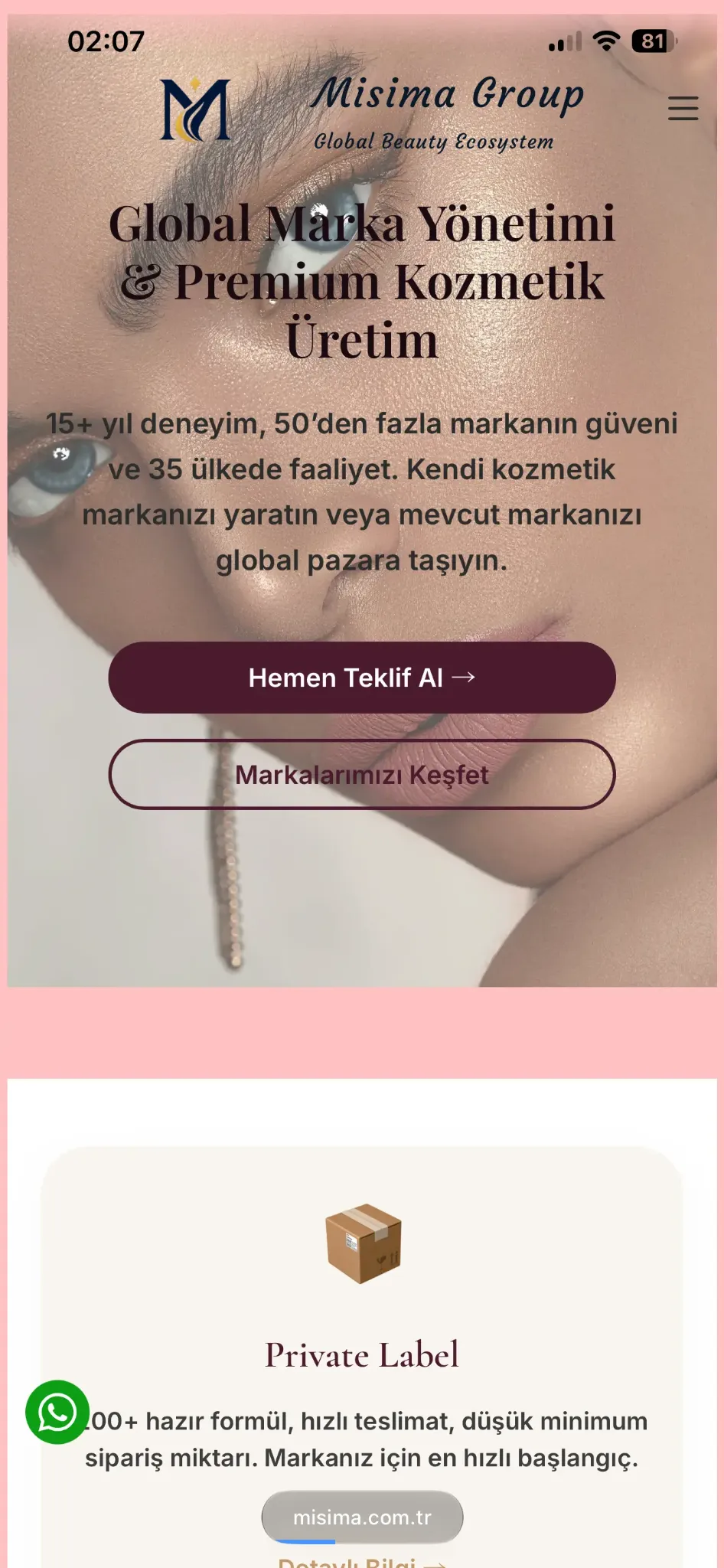 Misima Group mobile homepage showing the brand proposition and primary commercial actions